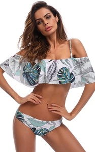 F4688 Womens Halter Floral Leaf Print Off Shoulder Ruffle Two Piece Swimsuit